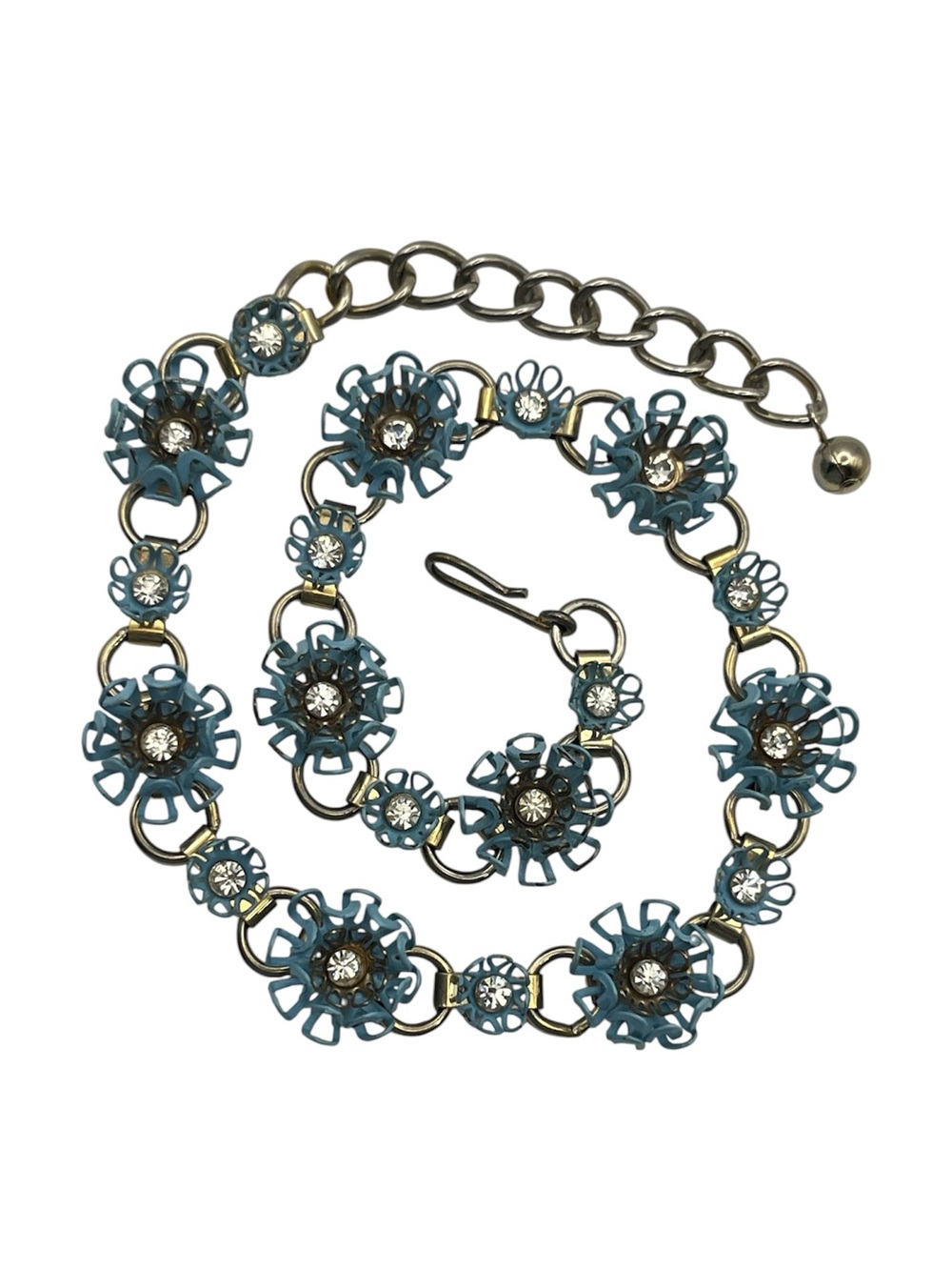 Blue painted enamel daisy flower vintage rhinestone necklace